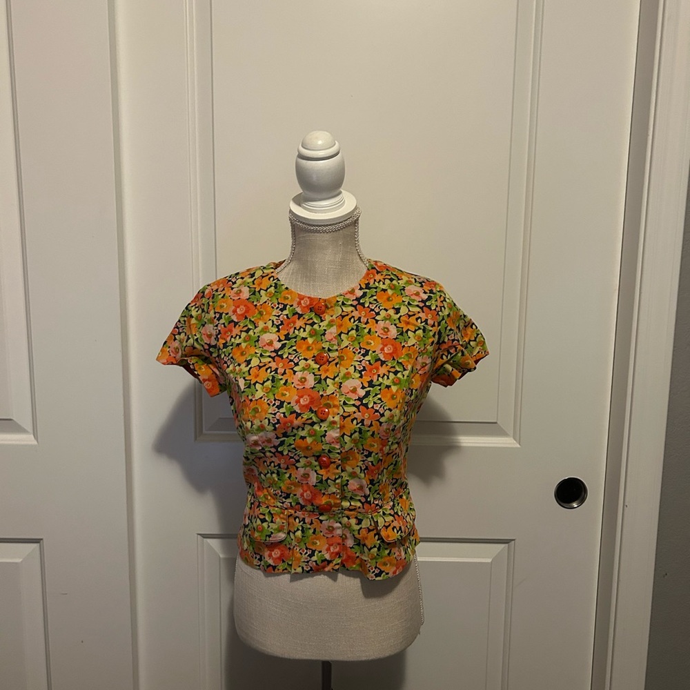 Petite Sophisticate Floral Short Sleeve Top - Orange and Green
